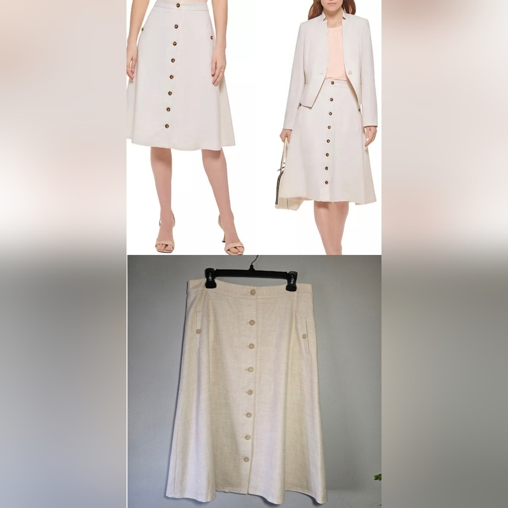 Calvin Klein Button Front A-Line Midi Skirt Sizeโ 12 Cream Neutral Workwear